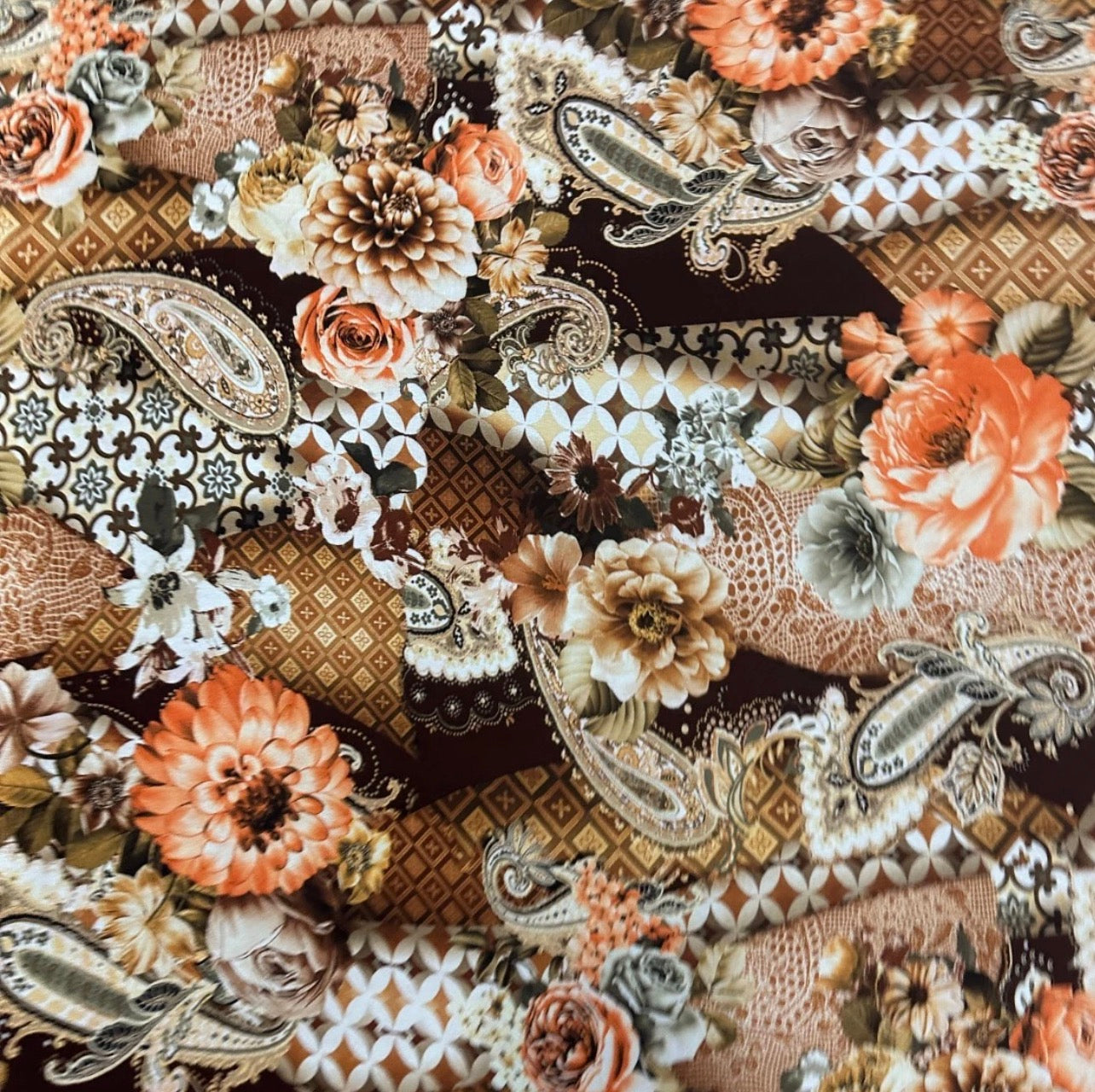 3 Metres Woven Crepe De Chine Fabric (58 Inches) - Floral Paisley Brown Multi Coloured