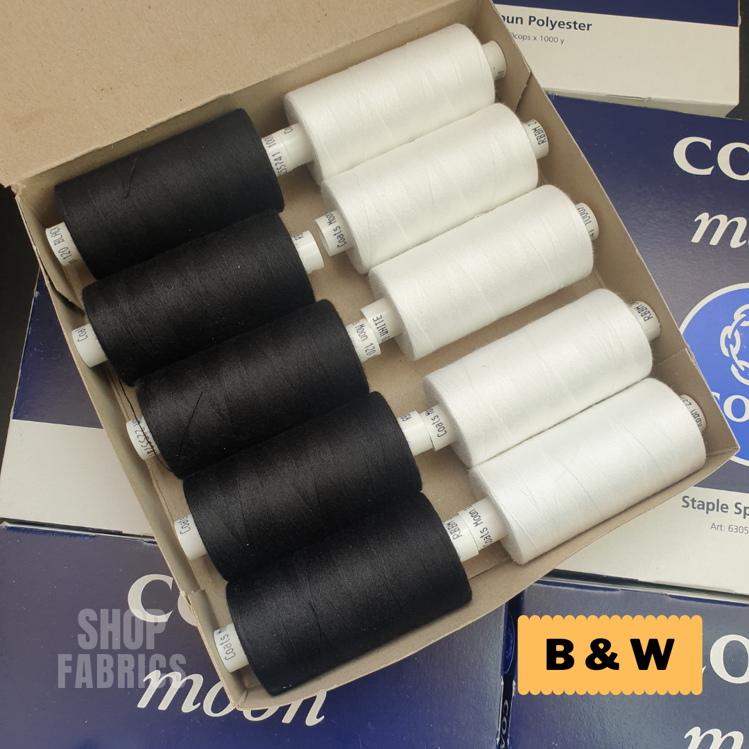 10x Black/White Coats Moon Threads 1000 Yards - Overlocking & General Sewing