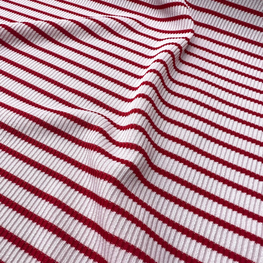 Stripes Rib Stretch Jersey Knit Fabric (50 Inches) - White Red Per Metre