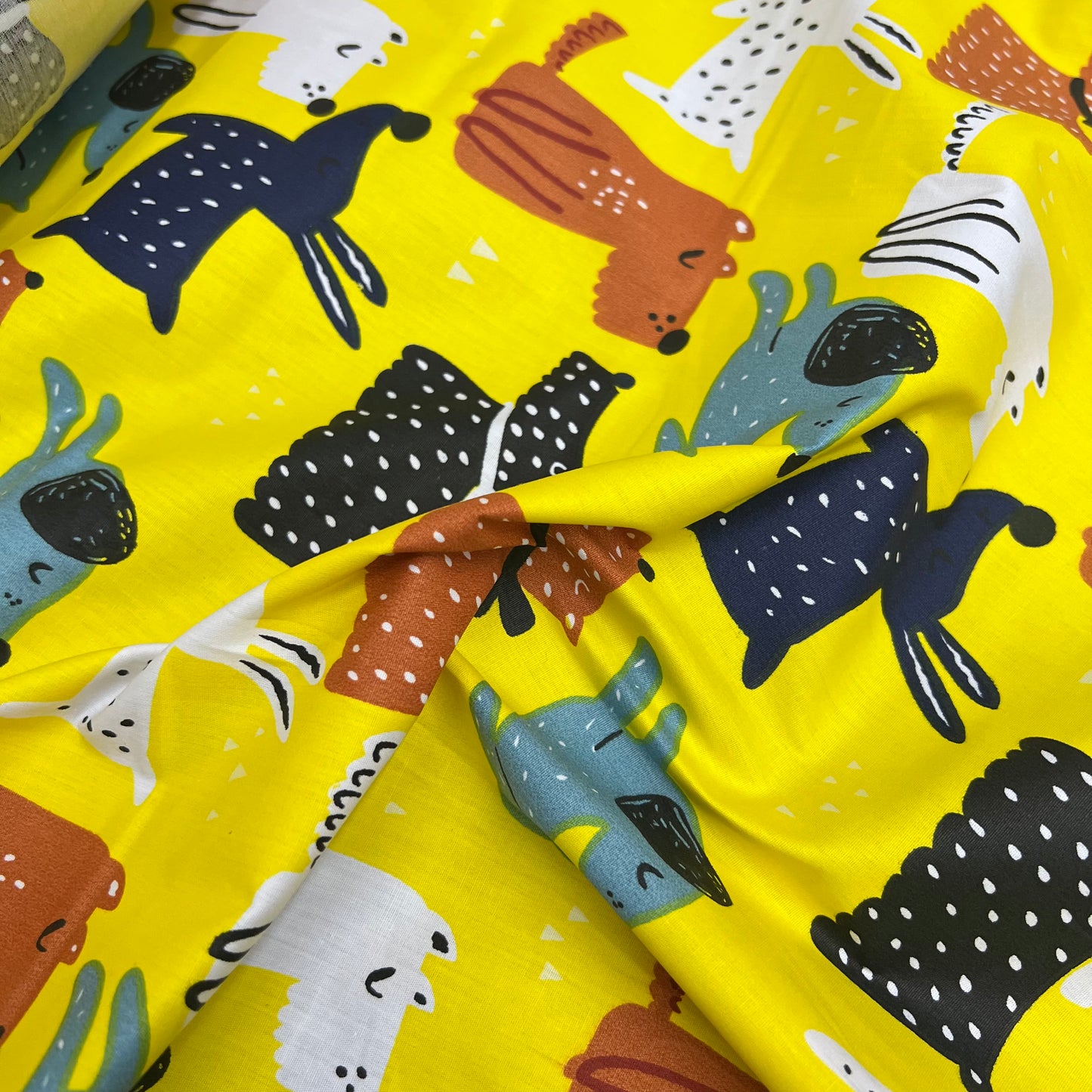 100% Organic Cotton Poplin Fabric (45 Inches) - Yellow Dogs Animals Puppies Pets Per Metre