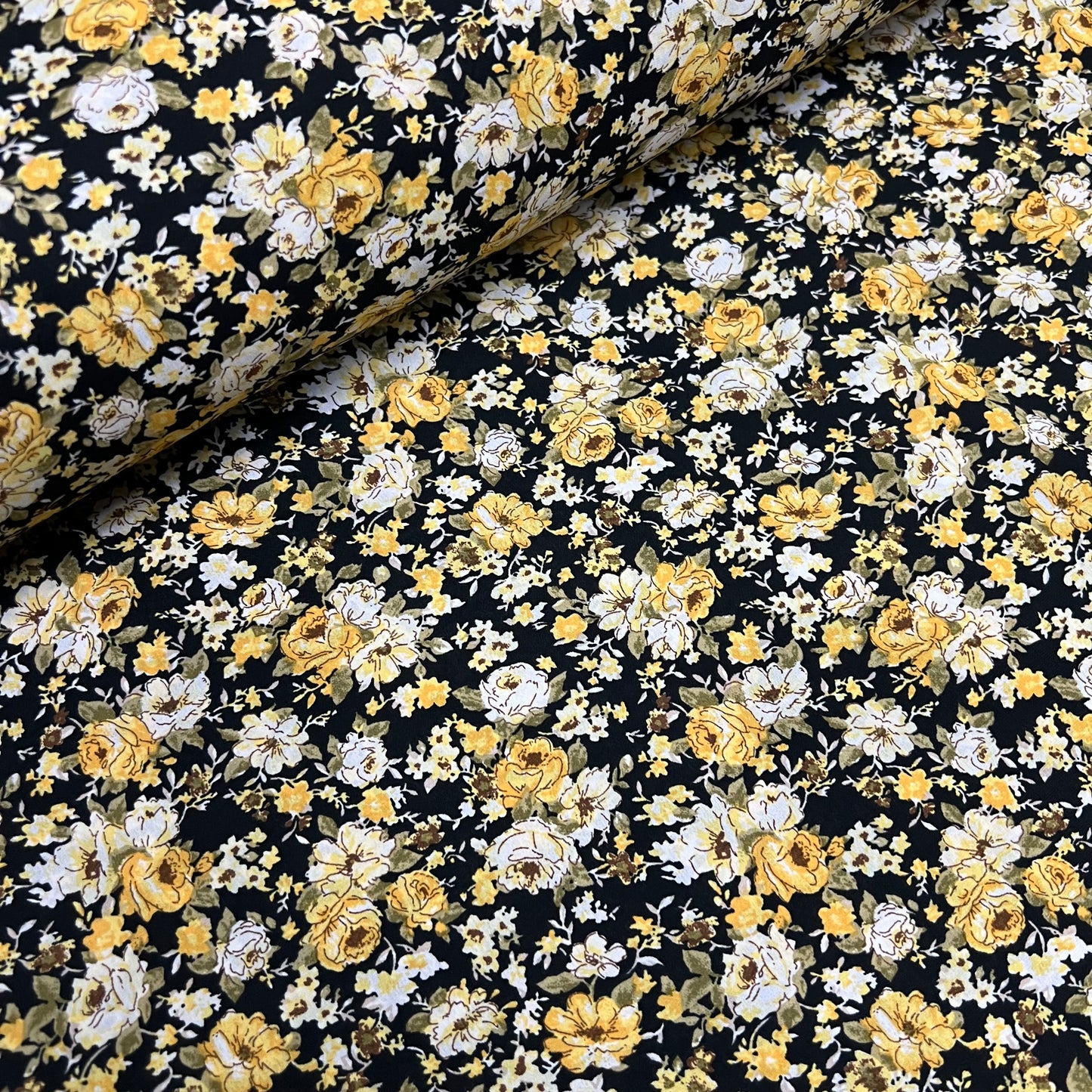 Soft Crepe De Chine Fabric (58 Inches) - White Black Yellow Multi Colour Floral Per Metre