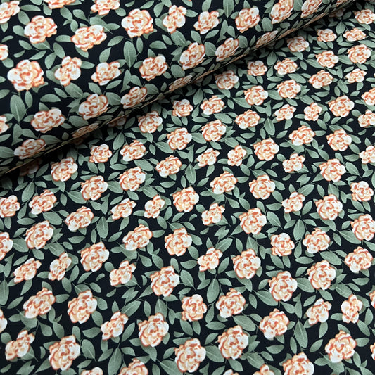 Soft Crepe De Chine Fabric (58 Inches) - Black Green Multi Colour Floral Per Metre