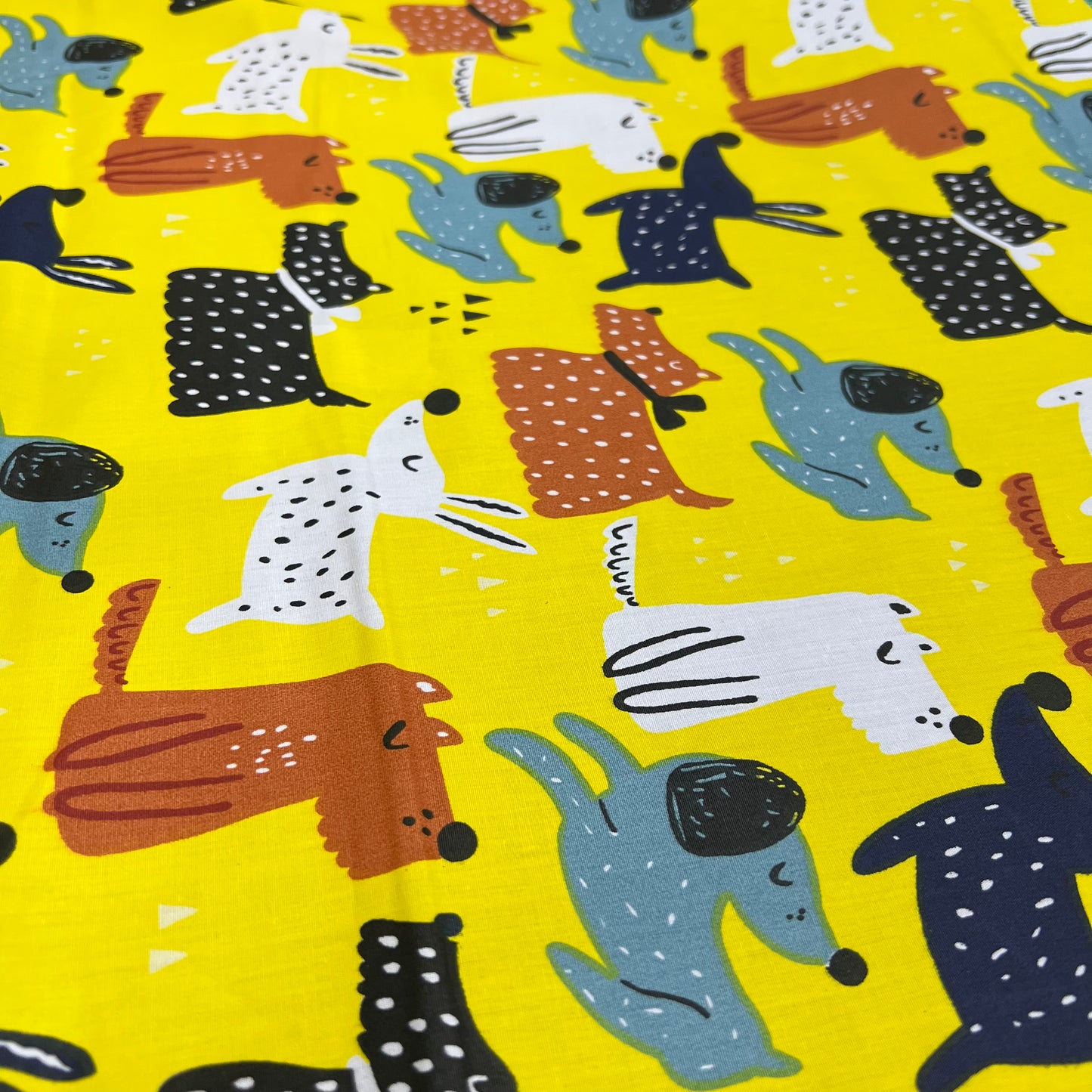 100% Organic Cotton Poplin Fabric (45 Inches) - Yellow Dogs Animals Puppies Pets Per Metre