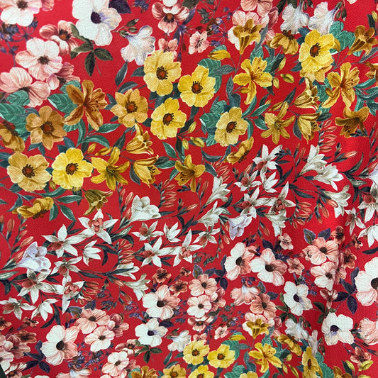 Bubble Crepe Fabric (58 Inches) - Red Multi Coloured Floral Per Metre