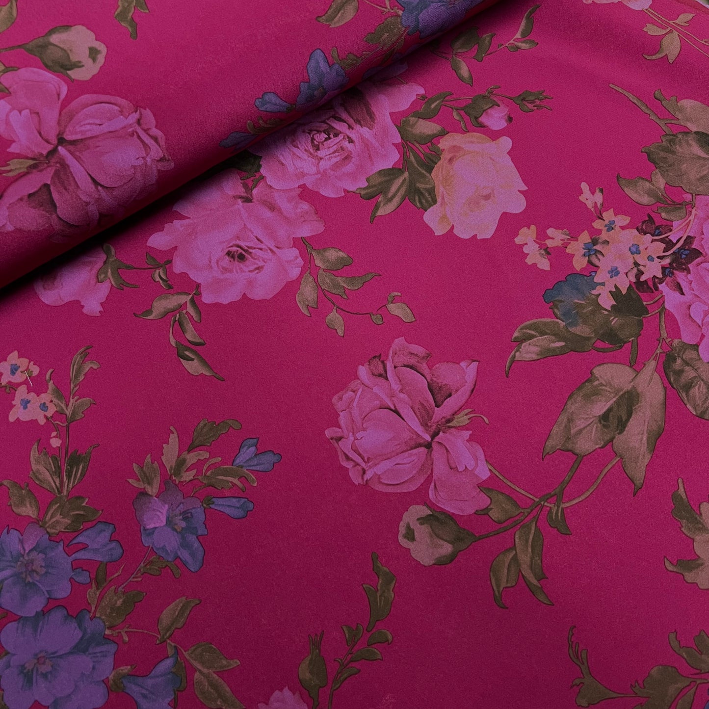 Chirimen Crepe De Chine Fabric (58 Inches) - Dark Pink Multi Colour Floral Per Metre