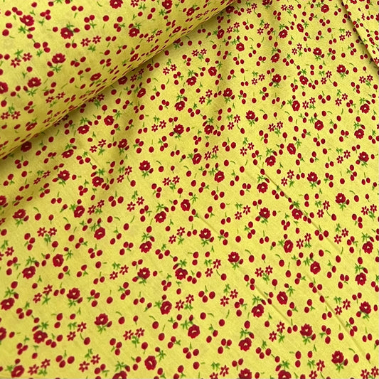 Soft Cotton Viscose Fabric (58 Inches) - Yellow Red Ditsy Floral Print Per Metre