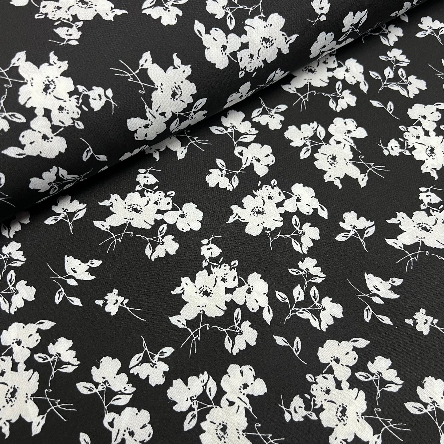 Soft Crepe De Chine Fabric (58 Inches) - Black Grey Multi Colour Floral Per Metre