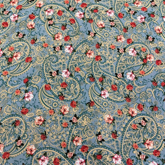 Soft Crepe De Chine Fabric (58 Inches) - Turquoise Blue Paisley Print 150cm Per Metre