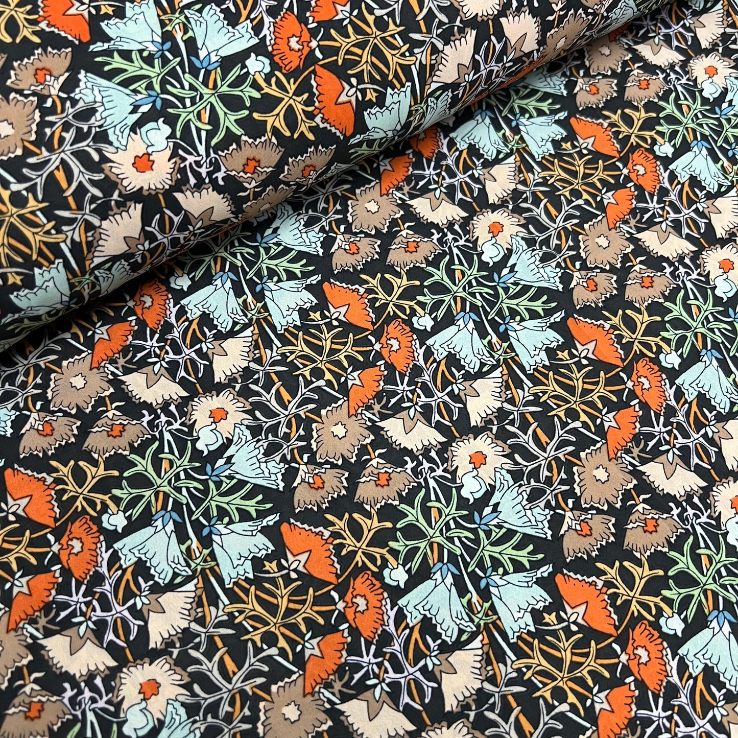 Soft Crepe De Chine Fabric (58 Inches) - Black Multi Colour Floral Per Metre