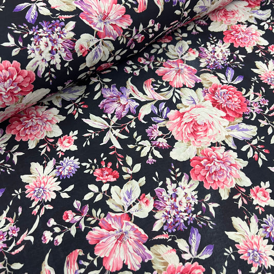 Chirimen Woven Crepe De Chine Fabric (58 Inches) - Multi Colour Black Floral Per Metre