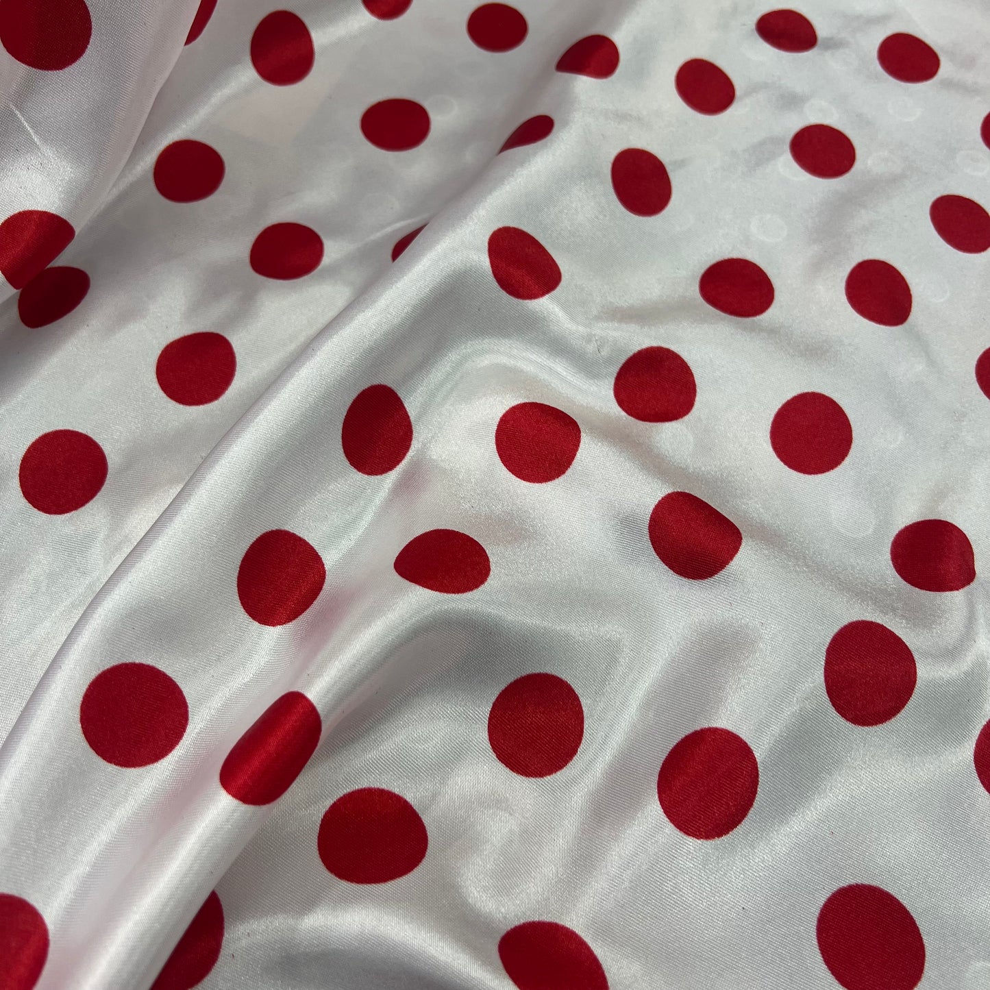 Satin Fabric (58 Inches) - White Red 2cm Polka Dot Print Per Metre