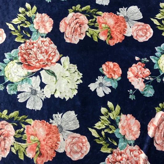 Velvet Jersey Ice Crush Fabric (58 Inches) - Floral Navy 150cm Per Metre