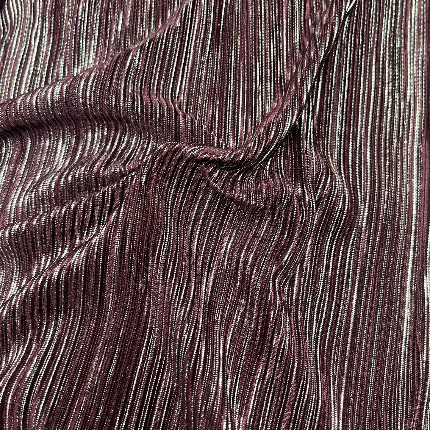 Plisse Pleated Shy Crinkle Stretch Fabric (58 Inches) - Wine Silver Galmmer Per Metre