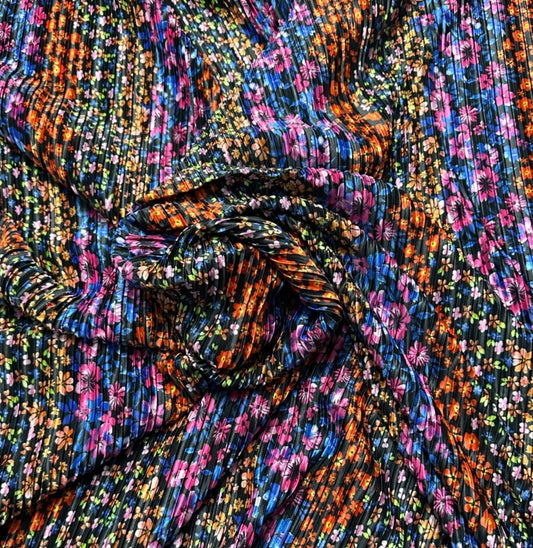 3 Metres Plisse Pleated Crinkle Soft Satin Stretch Fabric (58 Inches) - Daisy Print Multi Colour