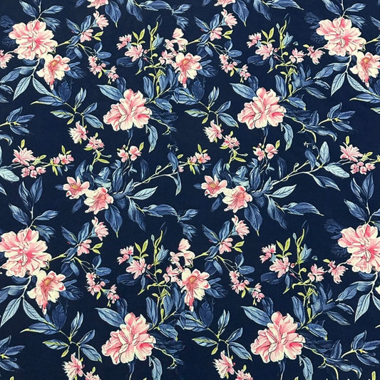 3 Metres Woven Crepe De Chine Fabric (58 Inches) - Navy Pink Floral Printed
