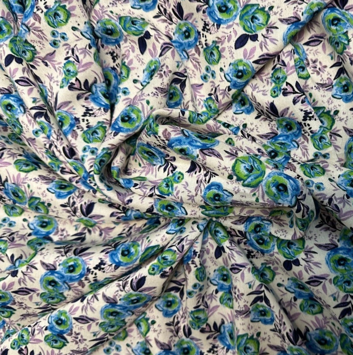 3 Metres Floral Soft Cotton Viscose Fabric (58 Inches) - Blue Green Ivory