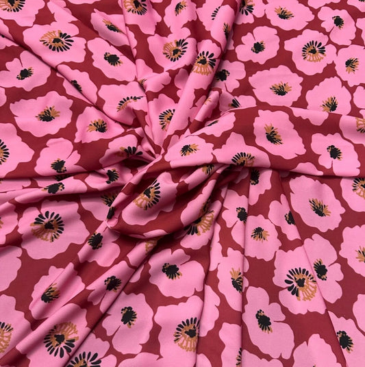 3 Metres Woven Crepe De Chine Fabric (58 Inches) - Floral Red Pink Printed