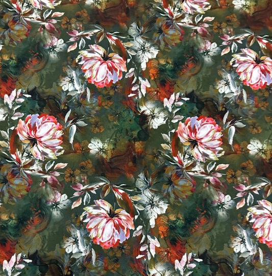 3 Metres Soft Peach Crepe De Chine Fabric (58 Inches) - Floral Print Multi Coloured Green