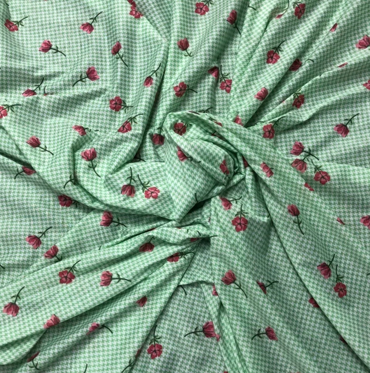 3 Metres Spun Poly Single Jersey Strech Fabric (58 Inches) - Dogtooth & Floral Green Print