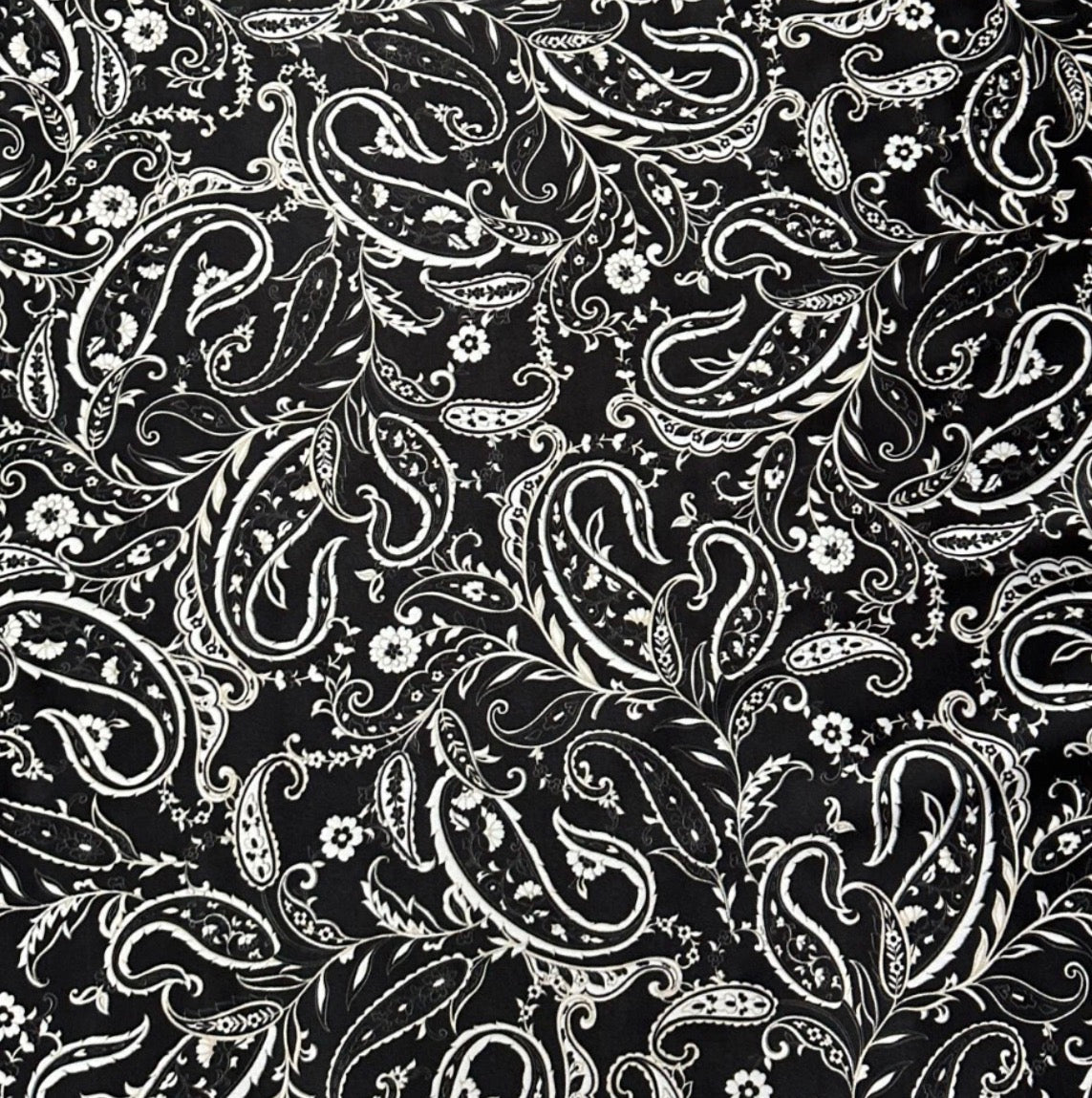 3 Metres Medium Weight Woven Satin Crepe Fabric (58 Inches) - Black White Paisley
