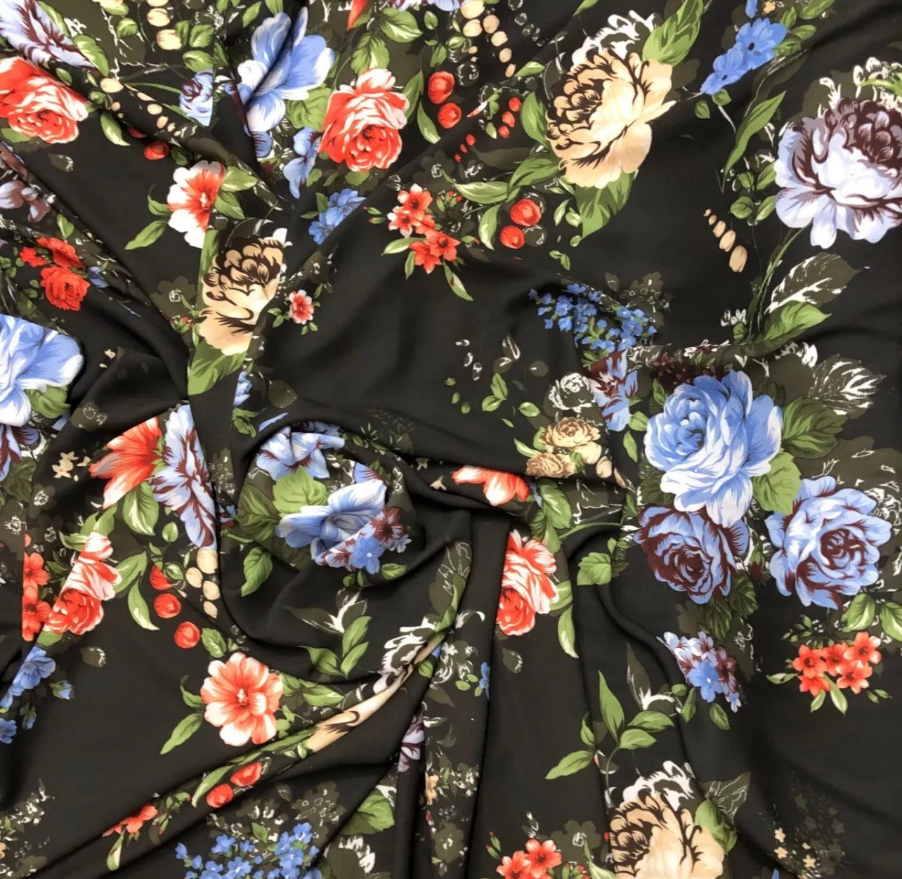 3 Metres Floral Woven Crepe De Chine Fabric (58 Inches) - Black Blue Multi