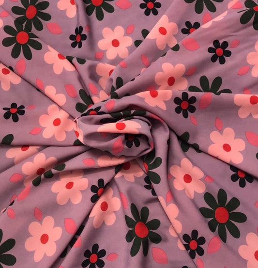 3 Metres Woven Crepe De Chine Fabric (58 Inches) - Floral Pink Purple Daisy Print