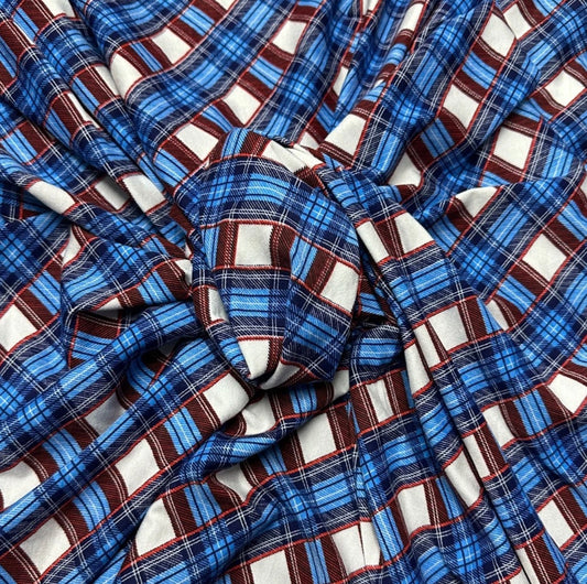 3 Metres Viscose Elastane Single Jersey Stretch Fabric (58 Inches) - Check Print Brown Blue