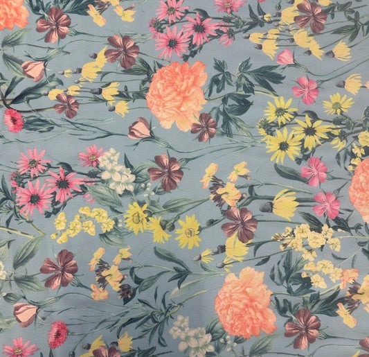 3 Metres Floral Woven Crepe De Chine Fabric (58 Inches) - Blue Multi Coloured