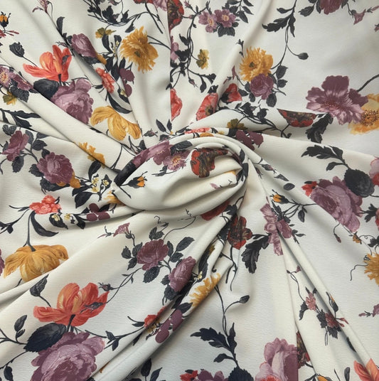3 Metres Floral Woven Crepe De Chine Fabric (58 Inches) - Ivory Multi Coloured 2