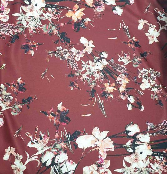 3 Metres Scuba Stretch Jersey Fabric (58 Inches) - Floral Maroon Multi Colour Printed