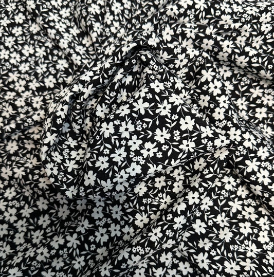 3 Metres Woven Crepe De Chine Fabric (58 Inches) - Floral Black White Ditsy Print