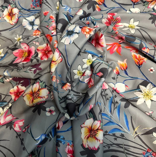 3 Metres Scuba Stretch Jersey Fabric (58 Inches) - Grey Floral Multi Colour