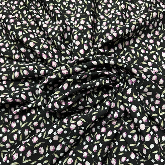 3 Metres Woven Crepe De Chine Fabric (58 Inches) - Black Floral Print