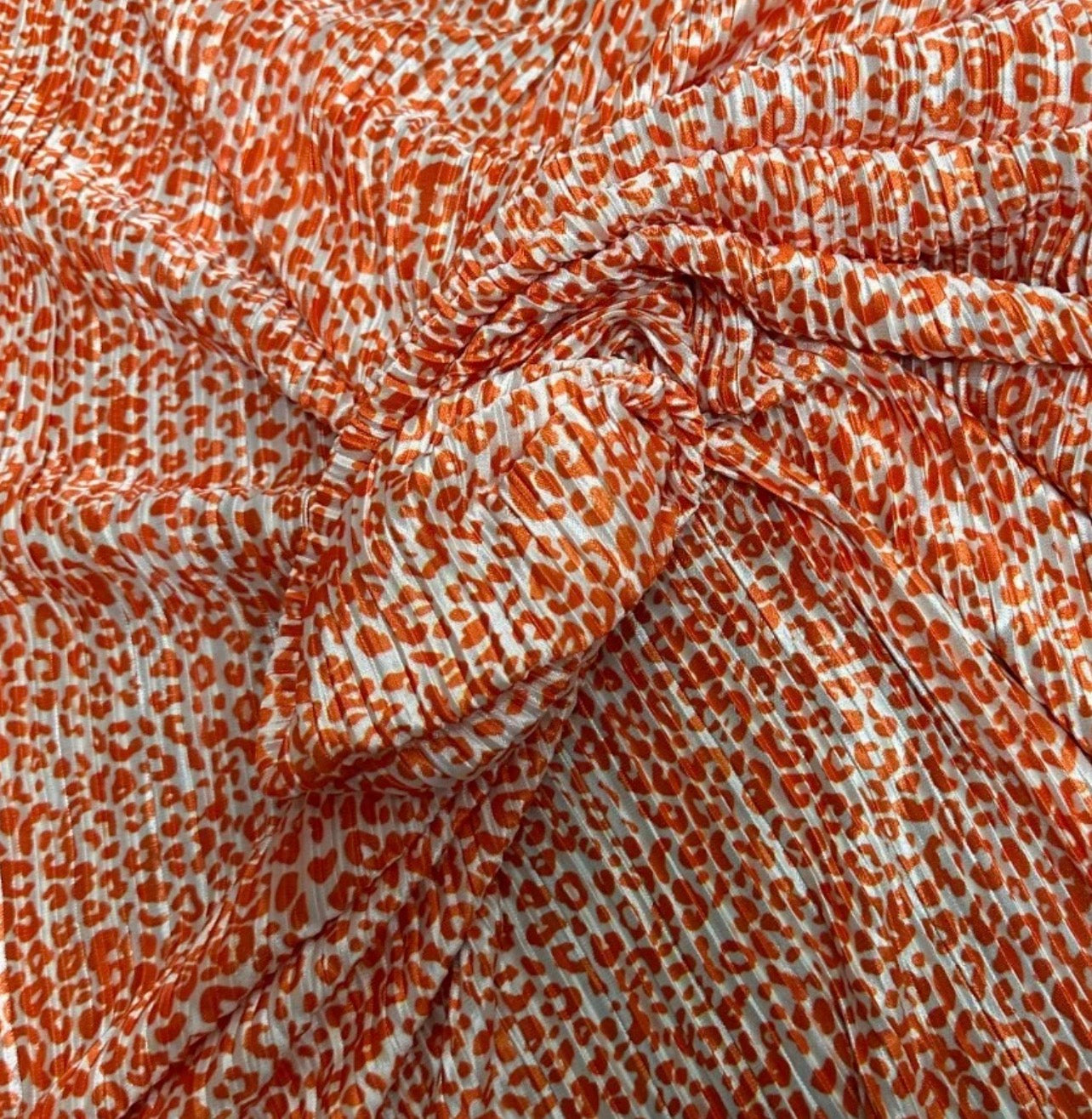 3 Metres Plisse Pleated Crinkle Soft Satin Stretch Fabric (58 Inches) - Animal White Orange Leopard