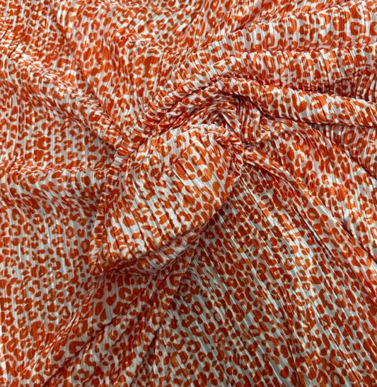 3 Metres Plisse Pleated Crinkle Soft Satin Stretch Fabric (58 Inches) - Animal White Orange Leopard