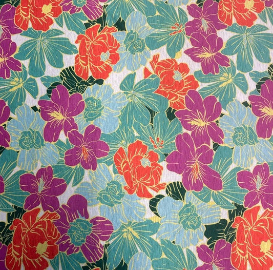 3 Metres Spun Poly Single Jersey Strech Fabric (58 Inches) - Floral Green Pink Multi Colour
