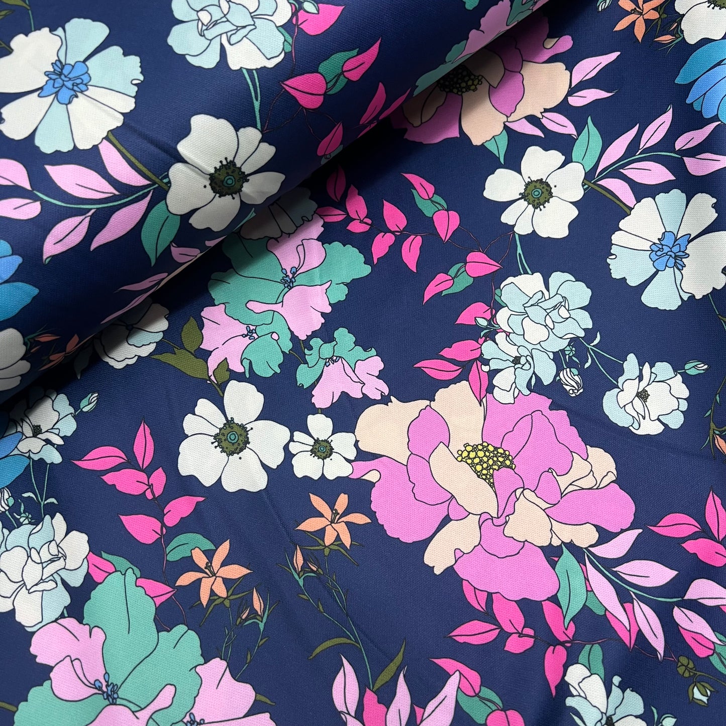 Jersey Knit Print Fabric (58 Inches) - Blue Floral Per Metre