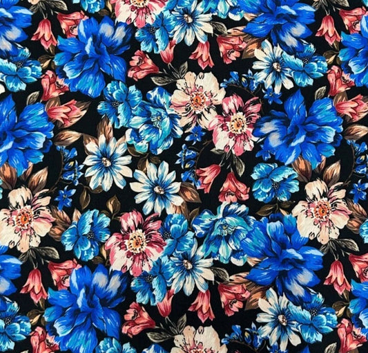 3 Metres Soft Peach Crepe De Chine Fabric (58 Inches) - Floral Print Blue Multi Coloured