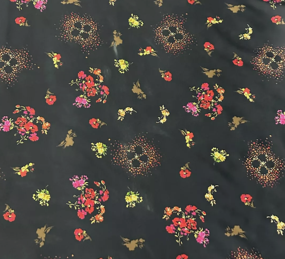 Medium Woven Satin Floral Fabric (58 Inches) - Multi Coloured Black Per Metre