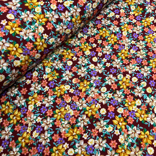 Soft Cotton Viscose Fabric (58 Inches) - Maroon Multi Colour Print Floral Per Metre