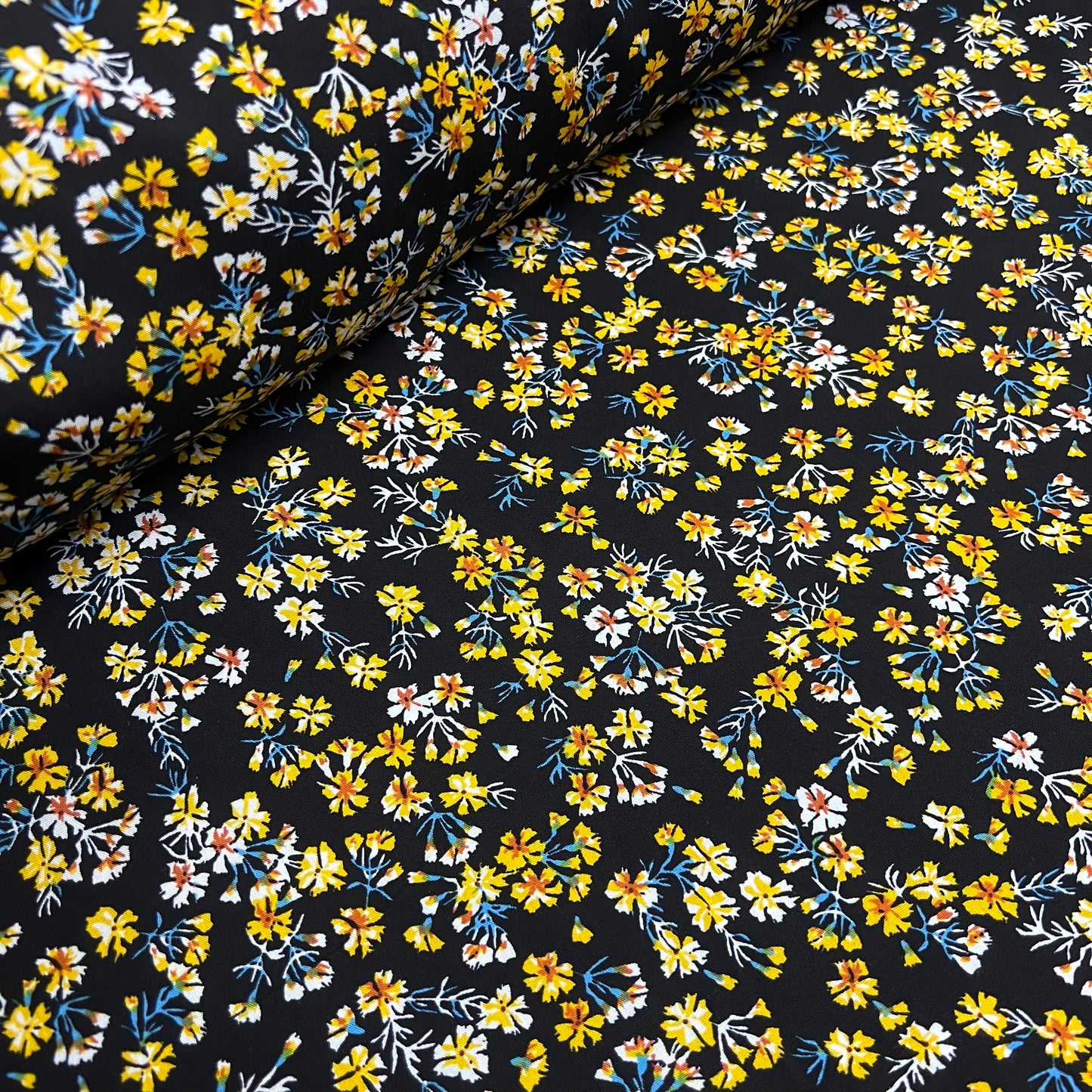 Soft Cotton Viscose Fabric (58 Inches) - Black Yellow Multi Colour Print Floral Per Metre