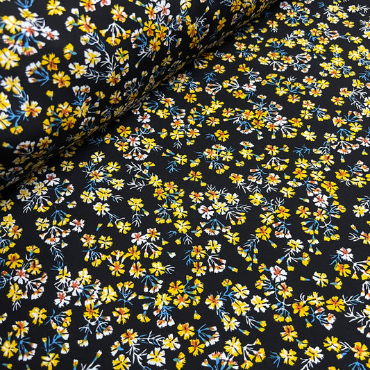 Soft Cotton Viscose Fabric (58 Inches) - Black Yellow Multi Colour Print Floral Per Metre