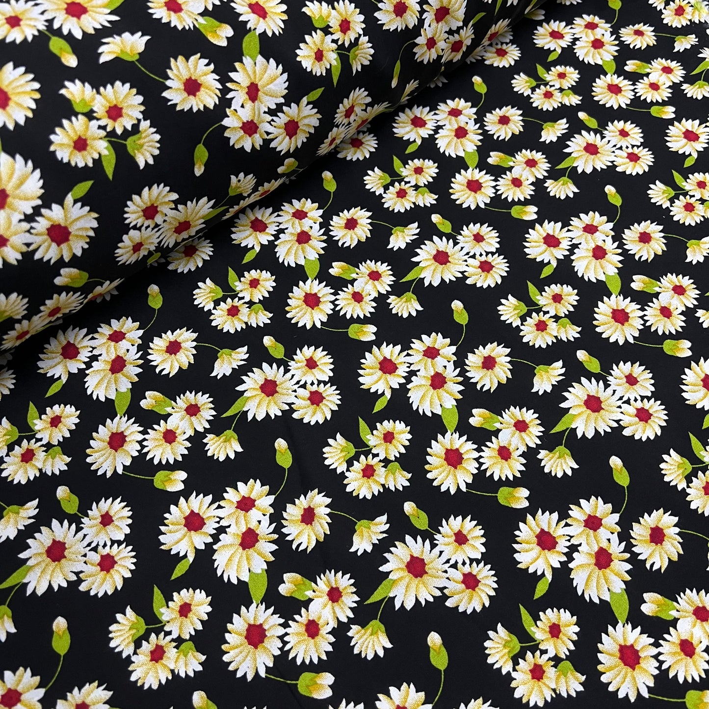 Soft Cotton Viscose Fabric (58 Inches) - Black Daisy Multi Colour Print Floral Per Metre