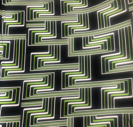 Soft Touch Spandex Stretchy Single Jersey Fabric (58 Inches) - Black Green Retro Geometric Per Metre