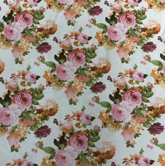 Soft Touch Lycra Stretchy Jersey Fabric (58 Inches) - Floral Cream Per Metre