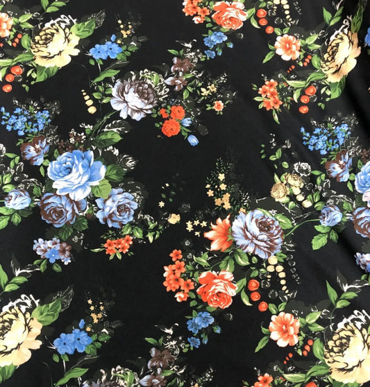 Scuba Crepe Stretch Jersey Fabric (58 Inches) - Black Floral Multi Coloured Per Metre