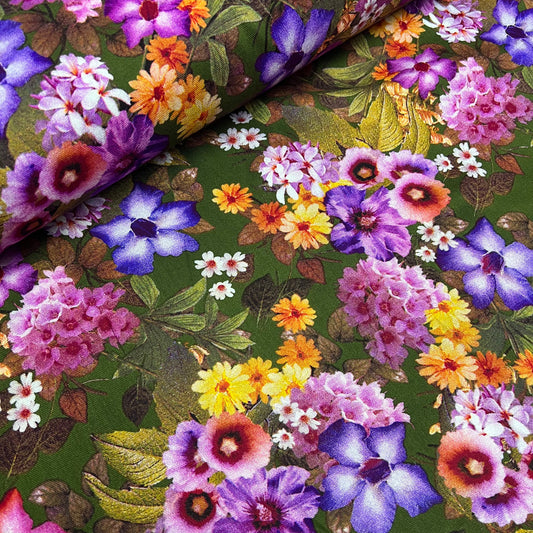 Marina Fabric (58 Inches) - Green Floral Multi Coloured Per Metre