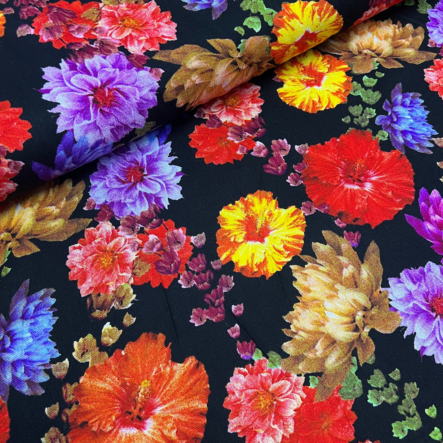 Marina Fabric (58 Inches) - Floral Black Multi Coloured Per Metre