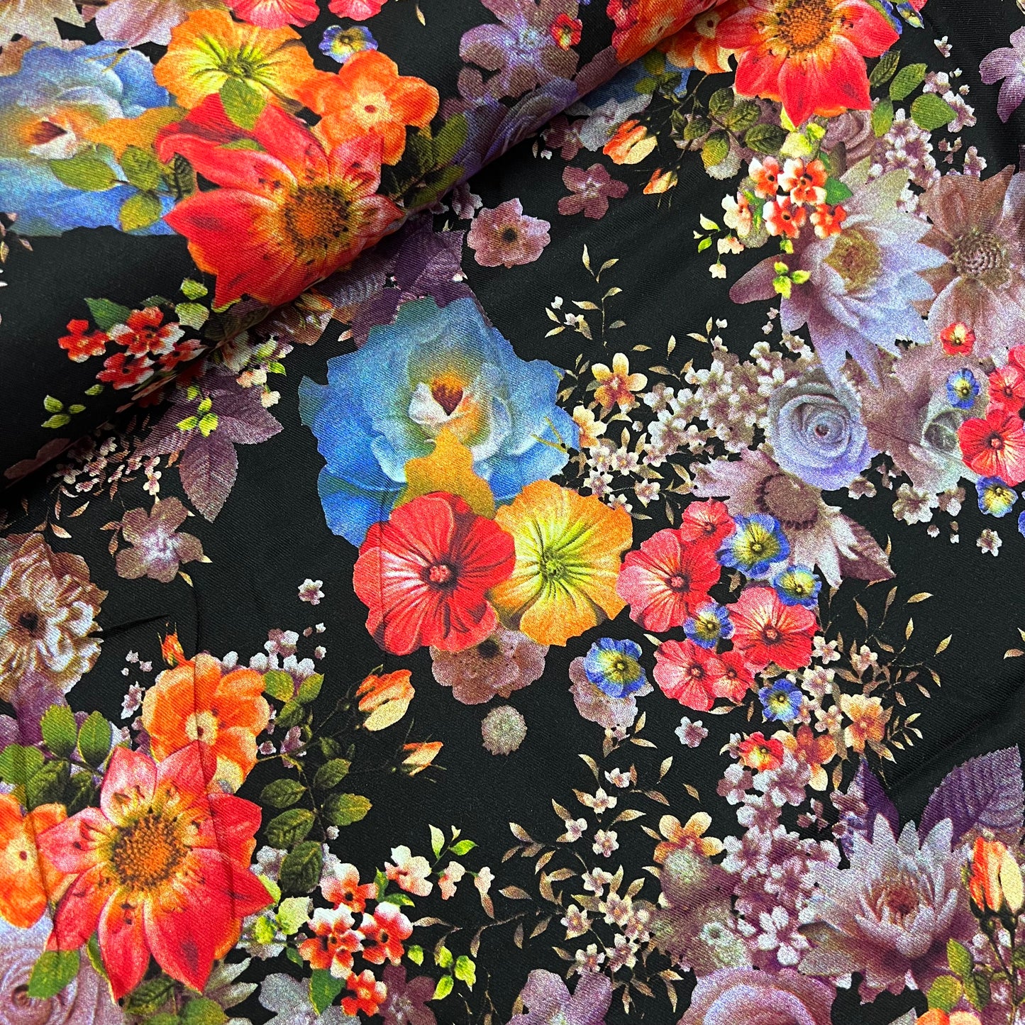 Marina Fabric (58 Inches) - Floral Multi Coloured Black Per Metre