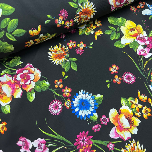 Crepe Jersey Fabric (58 Inches) - Black Floral Multi Coloured Print Per Metre